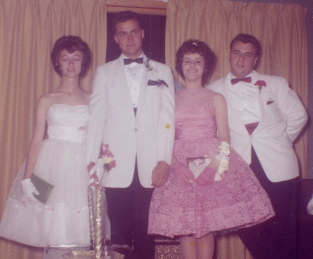 Senior Prom. Left to right: Sandra Ambrogio, James Lekas, Adele Barretta (class of 1962), and Mark Levin.  Sandra and James got married.