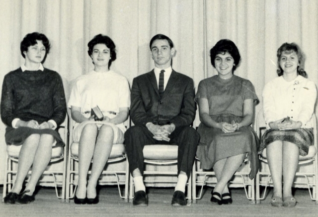 Christmas Assembly 1961.  Left to right: Mary Jane Moore, Not Sure, Stephen Nye, Dorothy Neri, and Rosemary Vizziello.